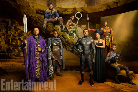 Marvel Studios' BLACK PANTHER Forest Whitaker as Zuri, Daniel Kaluuya as W'Kabi, Michael B. Jordan as Erik Killmonger, Lupita Nyong'o as Nakia, Chadwick Boseman as Black Panther/T'Challa, Angela Bassett as Ramonda, Danai Gurira as Okoye, and Letitia Wright as Shuri photographed exclusively for Entertainment Weekly by Kwaku Alston on March 18, 2017 in Atlanta, Georgia. Kwaku Alston © 2017 MVLFFLLC. TM & © 2017 Marvel. All Rights Reserved.